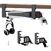 Yiofowu No-Drill Under Desk Mount for PS5, PS5 Slim and PS5 Pro | Metal Construction, Clamp-On Design, Controller Hanger, Headset Hanger, Disc &amp; Digital Editions