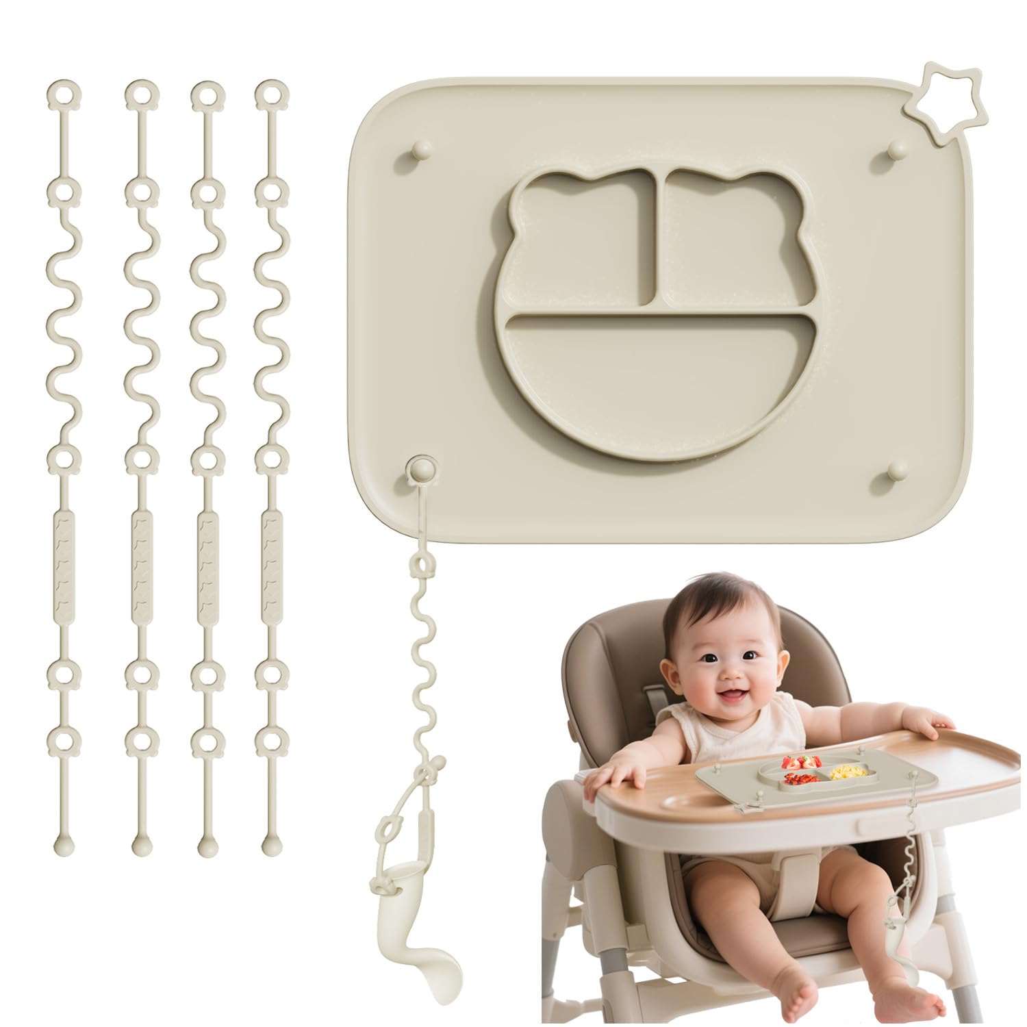 Photo 1 of 1 Pack Silicone Mat for Babies, Baby Placemat Built-in Suction Base and Equipped 4 Toy Straps & Anti-Peel Design, Activity Mat for Infants to Toddlers, Keeps Babies Essentials Off The Floor,Beige