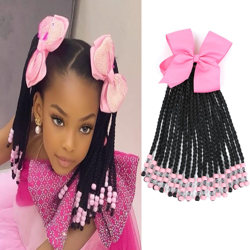 Kids Ponytail Extension With Beads Braids Hair Extension Detachable Synthetic Curly Hairpieces With Bows Protective Easy Hairstyle For Girls Toddlers Children Gift (Box-9inch, Pink)