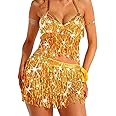 Zoestar Sequin Belly Dance Outfits Sparkly Rave Costume Skirts Tassel Sequin Bra Top Skirt for Women