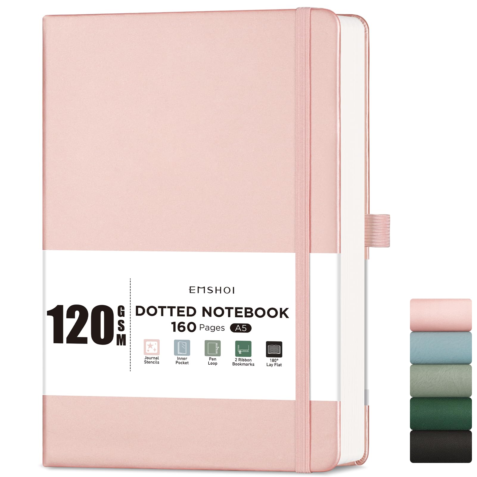 EMSHOI A5 Notebook Dotted Journal - 120gsm Thick Paper, Hardcover Leather Dot Grid Notebook for Bullet Journaling with 160 Pages, Journal Stencils, Inner Pocket, 21 x 14.5 cm, Rose Gold