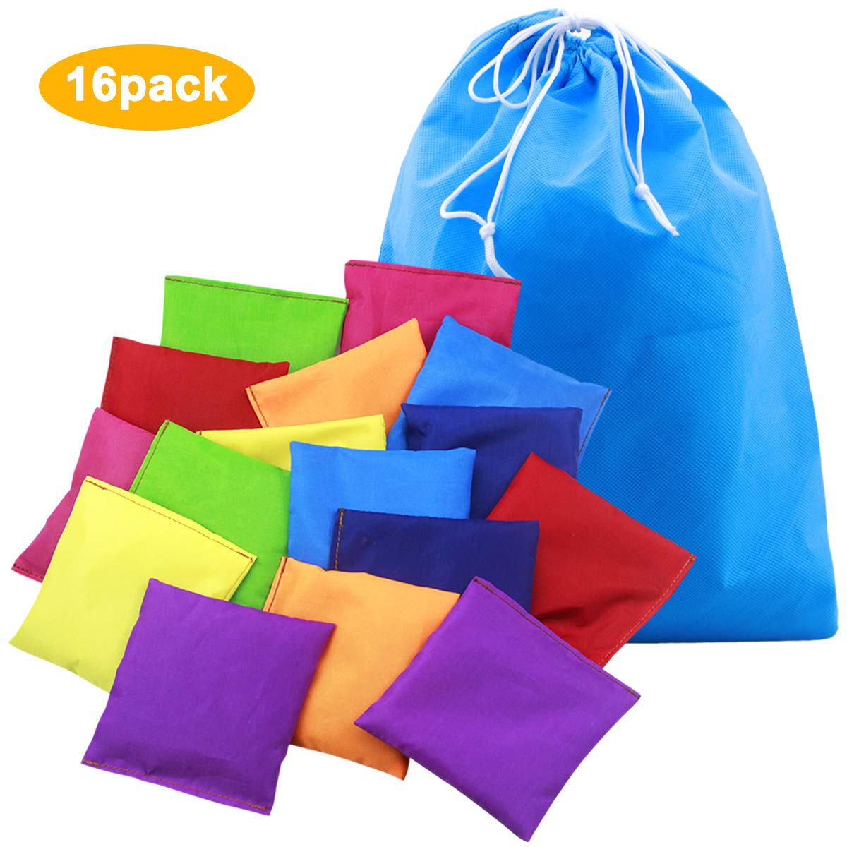 Disino 16 Pack 10 x 10cm Nylon Bean Bags, Throw Bean Bags Waterproof Sports Bean Bag with Drawstring Bag For Training, Coordination - 8 Colors
