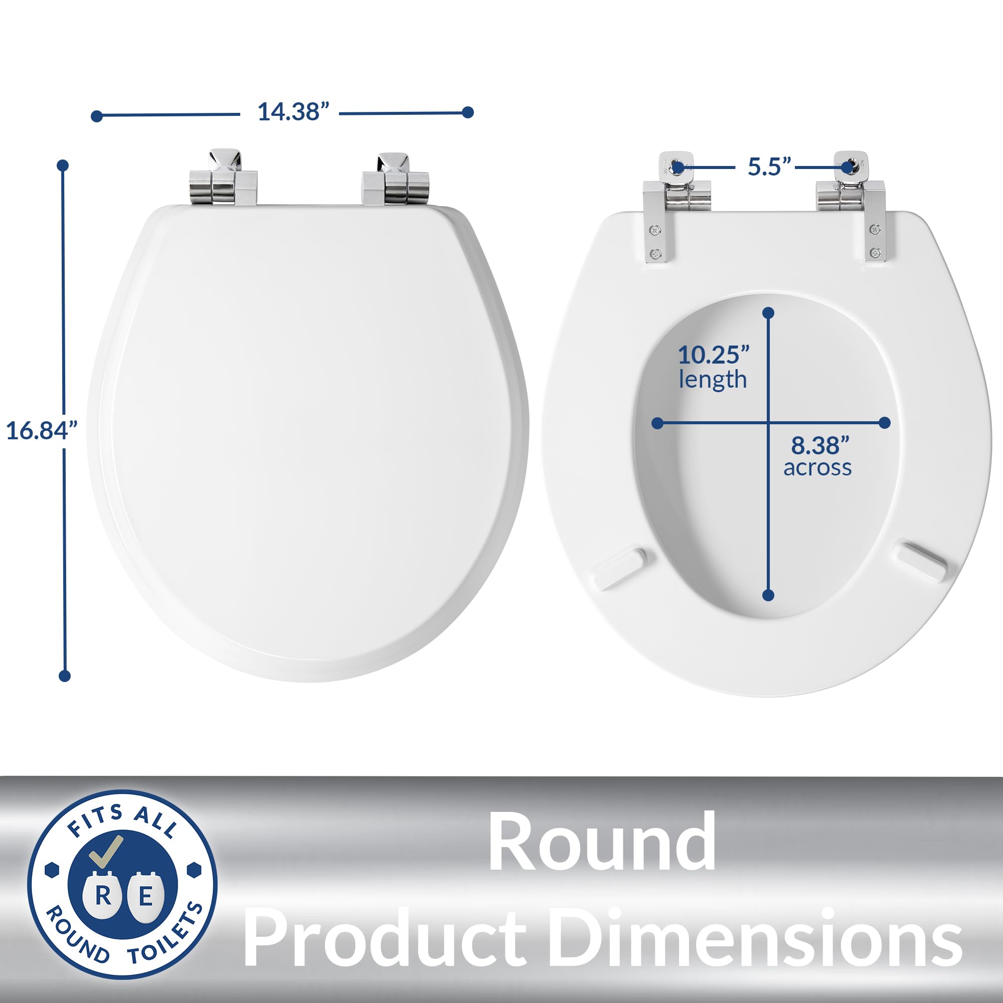 Mayfair Bennett Toilet Seat with Chrome Hinges, Slow Close Wood Seat, Secure Metal Hinges, Easy Install, Made in USA, Round, White