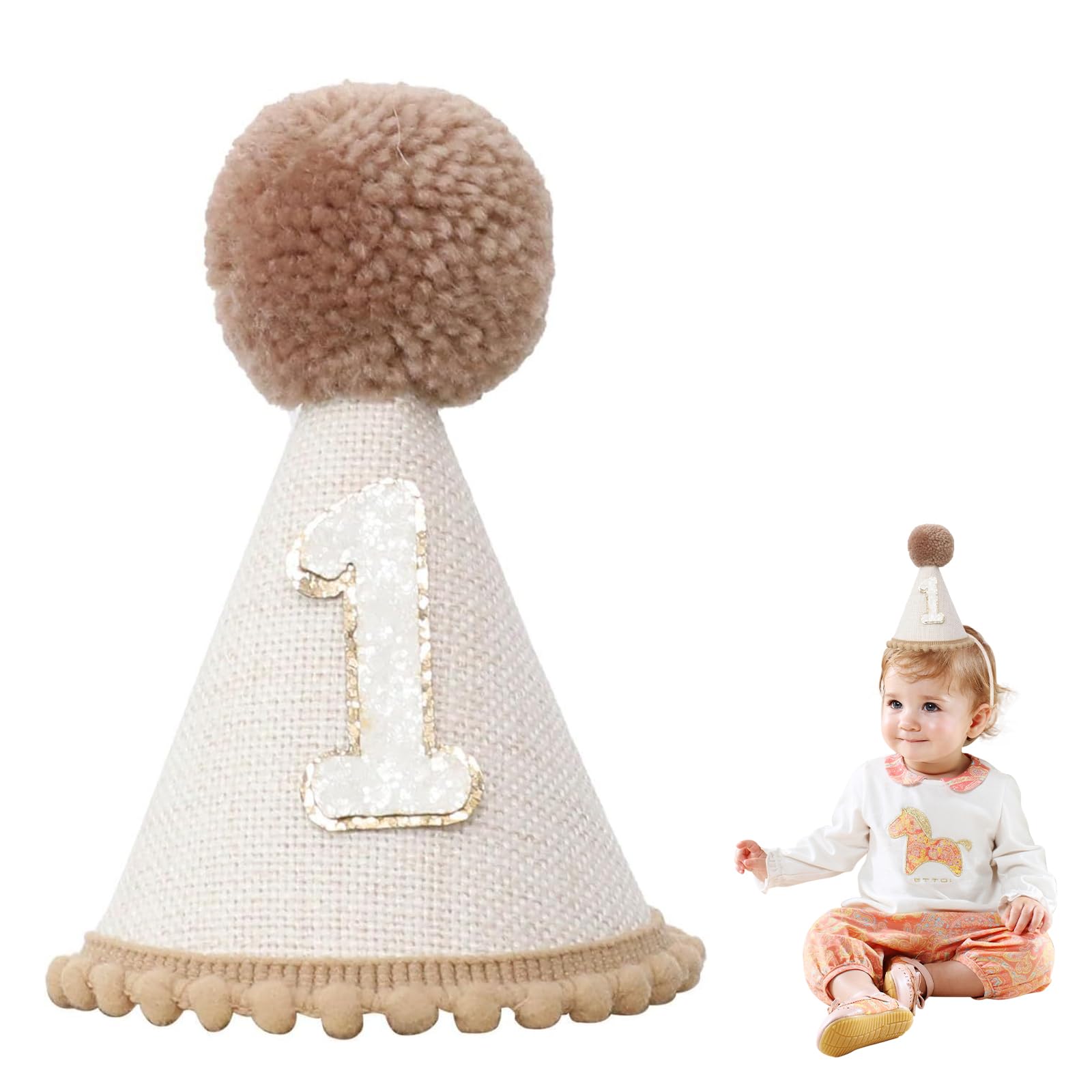 Vyqrx 1st Birthday Hat for Baby Boys Girls– Brown Felt Birthday Crown with Pom Pom, Soft Adjustable Party Hat for 1 Year Old Celebration, Cake Smash, Photo Props (Brown and white)