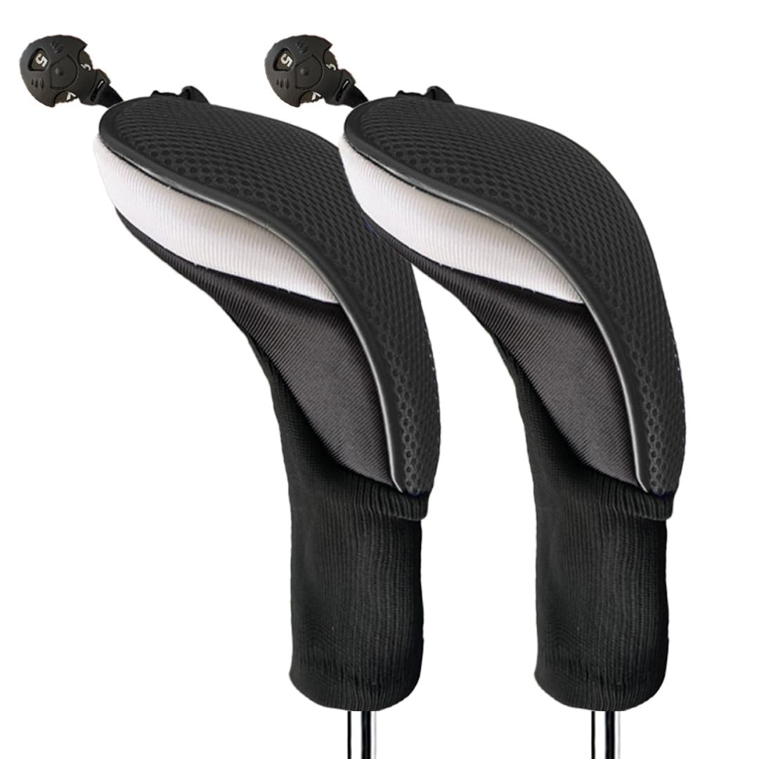 FINGER TEN Golf Club Head Covers Woods Hybrids Long Cover, Headcovers with Interchangeable No. Tags Fit All Hybrids Wood Clubs Light Durable (Black-2 Pack Hybrid Covers)