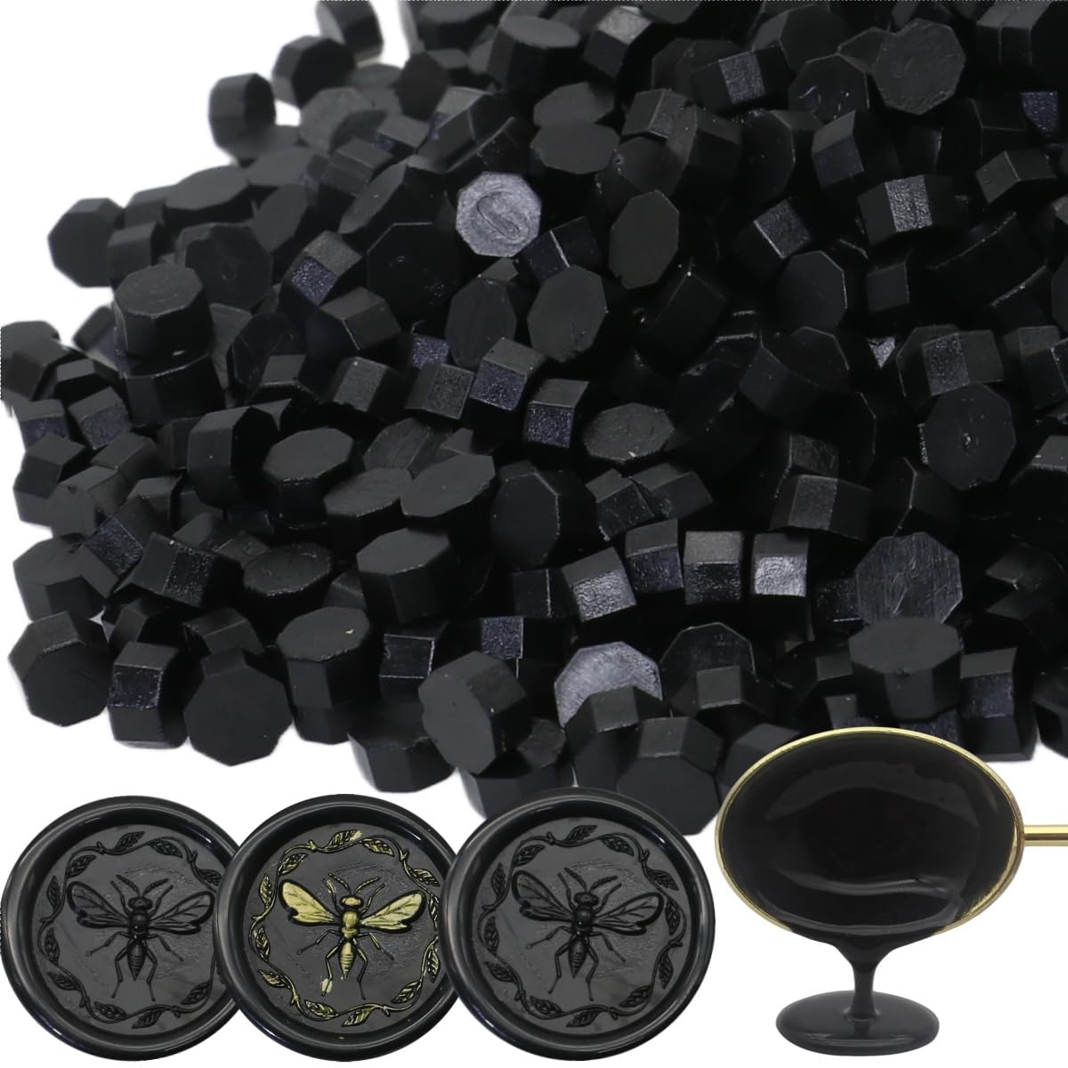300 Pcs Wax Seal Beads, Sealing Wax Beads, Refilling Octagon Wax Sealing Beads for Wax Stamp Sealing, Perfect for Wedding Invitations, Christmas Cards, Envelopes, Letter Sealing (Black)
