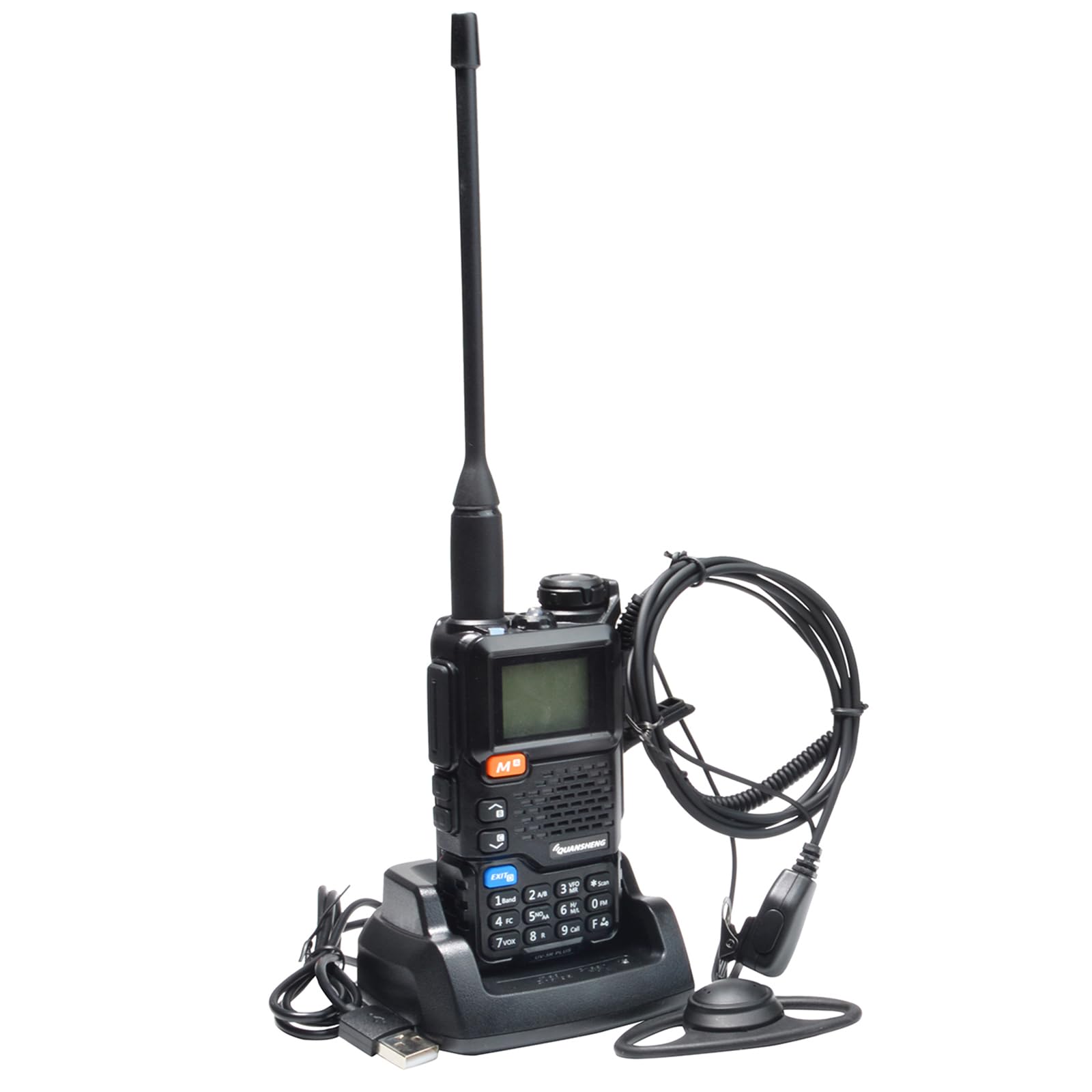 QUANSHENG UV-5R PLUS Handheld Ham Radio with D Shape Radio Earpiece with PTT Mic, Long Range Two Way Radio for Adult, VHF/UHF Dual Band Portable Radio, 200 Channels (UV-5RPLUS with earpiece)