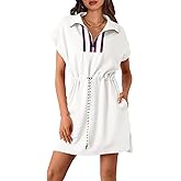 Fisoew Womens Short Sleeve Mini Dress Summer Quarter Zip V Neck Casual Sweatshirt Dresses with Drawstring Waist