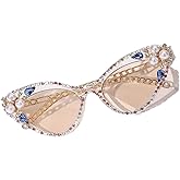 IYANCHENG Cat Eye Rhinestone Chain Sunglasses Small Frame Retro Hawaiian Style, Lightweight for Street Style & Vacation
