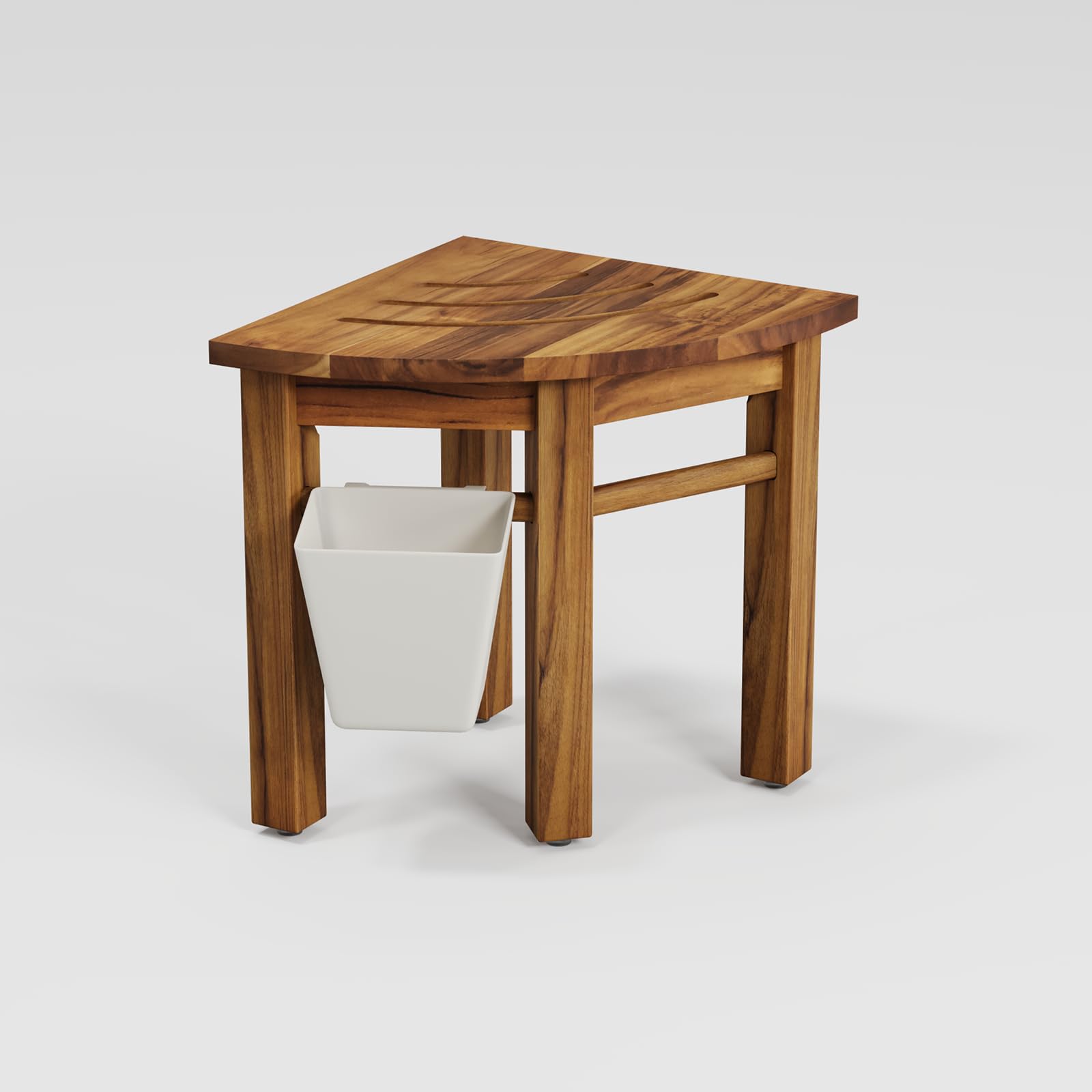 Photo 1 of Teak Corner Shower Bench, Waterproof Bathroom Teak Shower Bench, Sturdy Non-Slip Bath Shower Foot Stool for Shaving Legs with Storage Basket