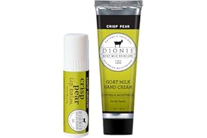 Dionis Goat Milk Skincare Crisp Pear Scented Hand Cream & Lip Balm Set (1 oz and .28 oz) - Safe For Sensitive Skin, Soothes Chapped Lips and Dry Skin, Cruelty-free and Paraben-free