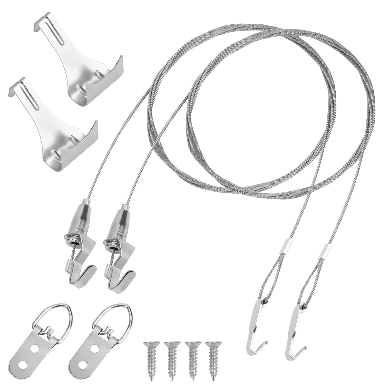 Picture Hanging Wire Kit, 2pcs Heavy Duty Stainless Steel Wire 2m × Φ2mm with Adjustable Hook, Rail Moulding Hook, for Mirror Light Lamp Billboard, Art Gallery Photo Display(40KG)