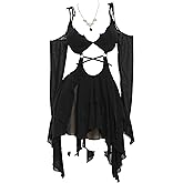 MEOWCOS Halloween Gothic Dress Punk Party Mini Dress Dark Bat Goth Dress with Necklace