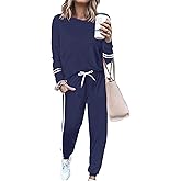 KBKBSN Women 2 Piece Outfits Crew Neck Striped Long Sleeve Casual Sweatsuit Lounge Set Tracksuits Pajama Pullover with Pocket