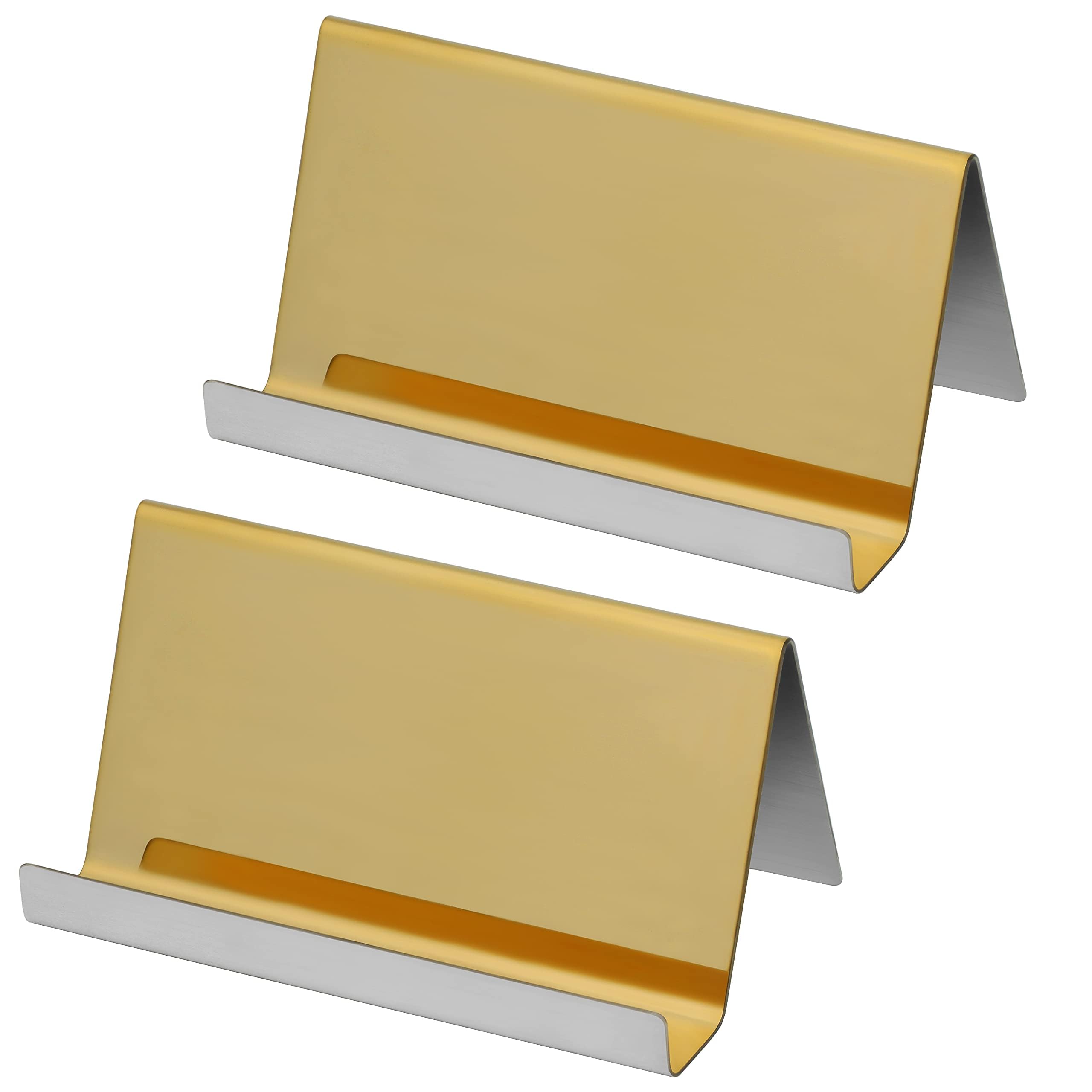BELLE VOUS Metal Stainless Steel Business Card Holder (2 Pack) - Holds Up To 30 Cards - Gold Colour Desktop Display Stand - Card Organiser for Office Desk, Name Cards, or Countertops