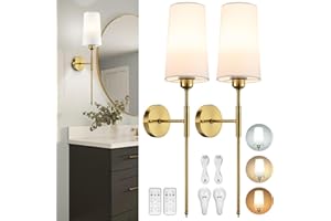NOOKNOVA Battery Operated Wall Sconce Set of 2, Rechargeable Wall Sconce With Remote Dimmable Wireless Battery Powered Wall Lamp Decor Fixture For Bedroom Living Room White Fabric Shade Included Bulbs