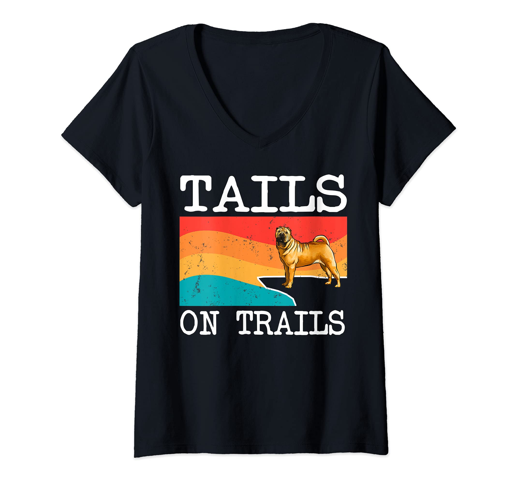 Womens Tails On Trails Chinese Shar-Pei Dog Funny Hiking V-Neck T-Shirt