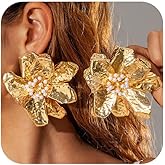 Statement Pearl Large Metal Flower Gold Earrings for Women, Unique Exaggerated Pearls Big Floral Stud Earring Trendy Cocktail Party Prom Jewelry Gift