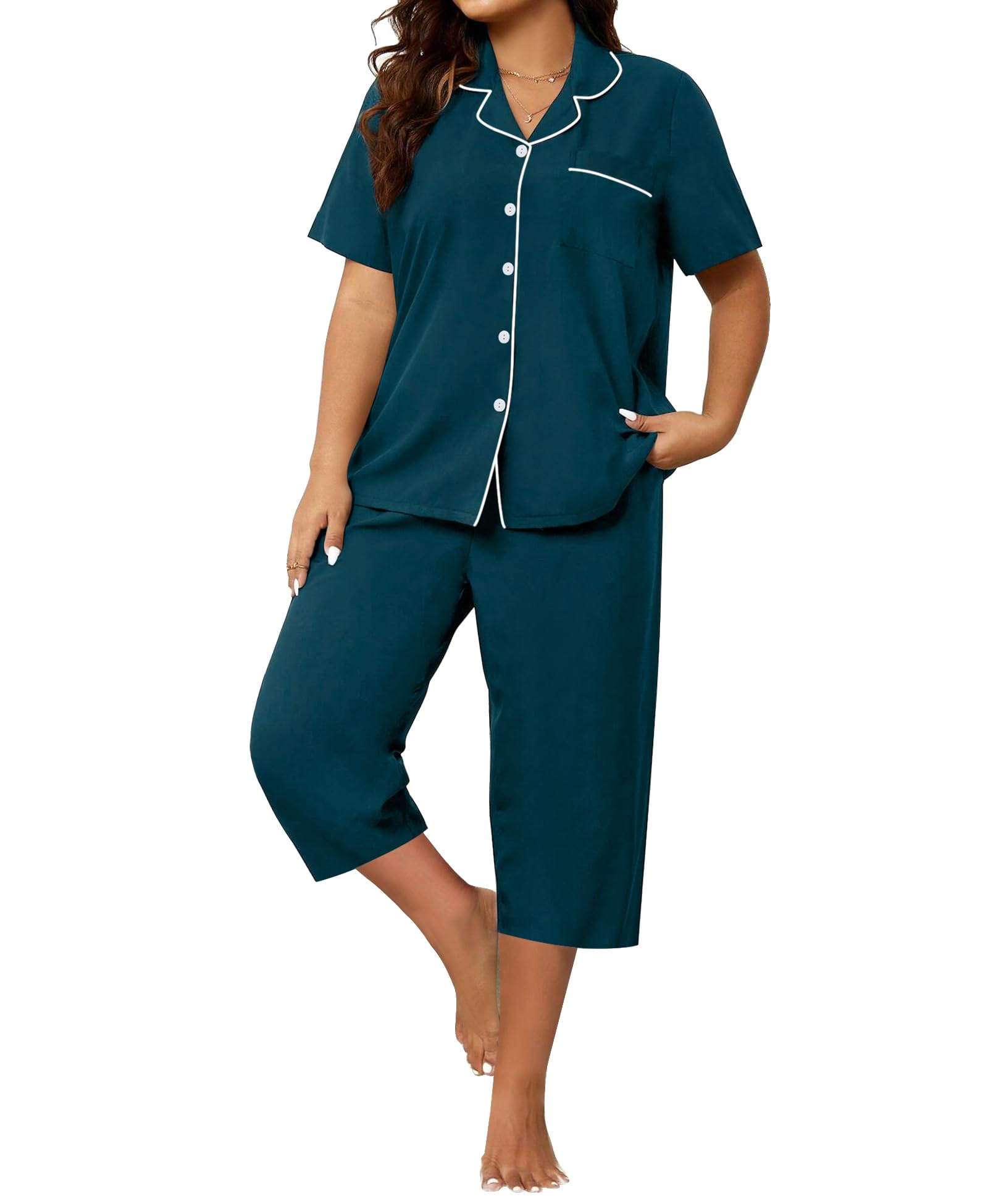 Anjue Women's Short Sleeve Pajama Set - Soft Bamboo Lounge Set With Pockets & Button Front - View #3