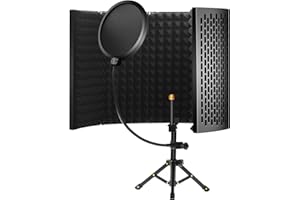 Microphone Isolation Shield with Tripod Pop Filter, 5-Panel Pop Filter Professional Foldable Vocal Booth High Density Absorbe