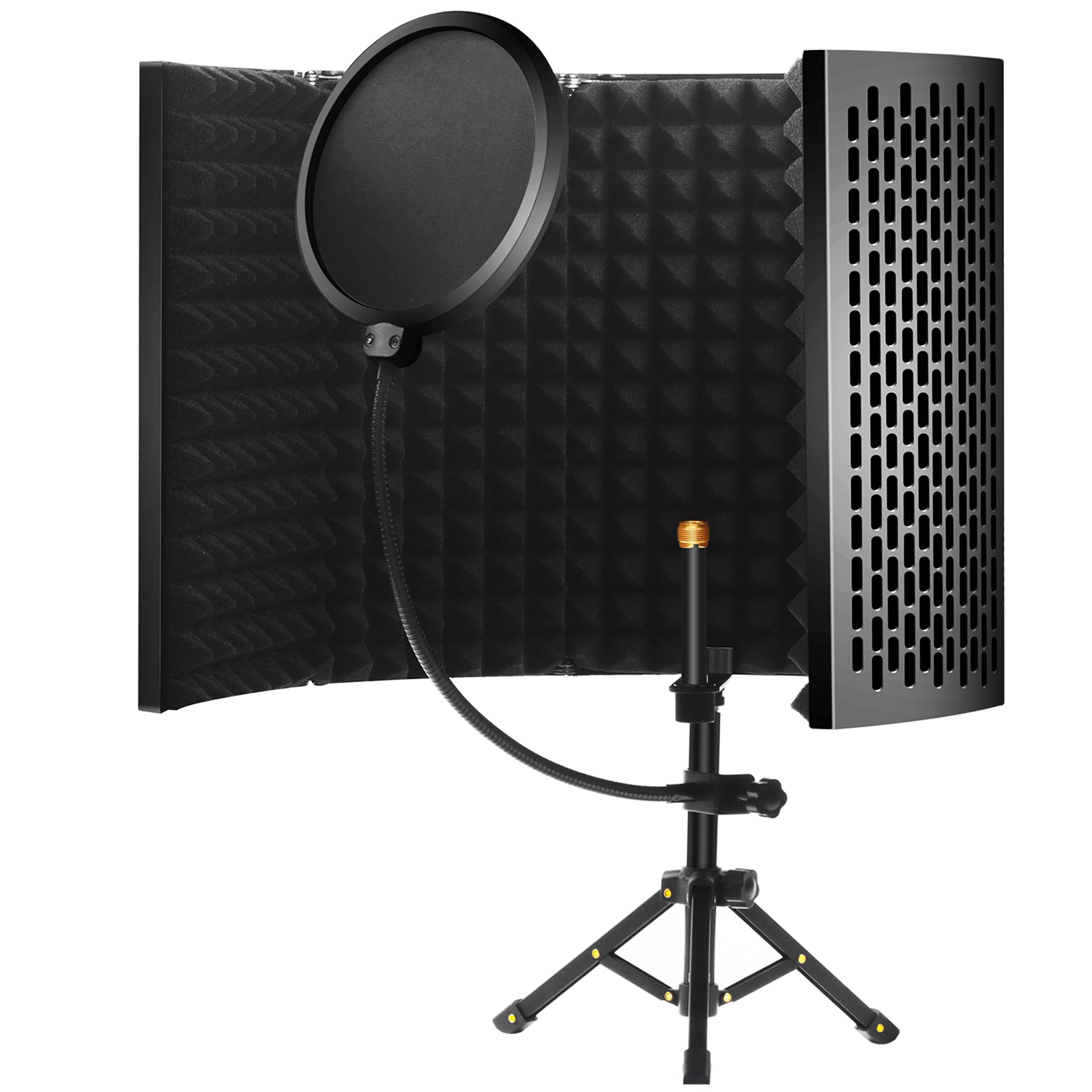 Microphone Isolation Shield with Tripod, Vocal Booth Isolation Shield Pop Filter 5-Panel Foldable Sound Absorbing Foam Suit for Blue Yeti and Any Condenser Microphone Recording Studio