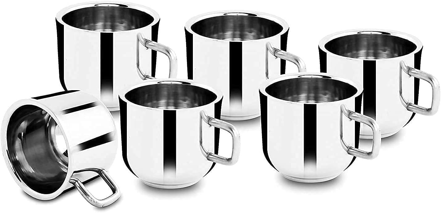 IndiaBigShop Coffee Cup Espresso Cup Mug Double Wall Stainless Steel Tea Cups, Reusable & Dishwasher Safe Set of 6