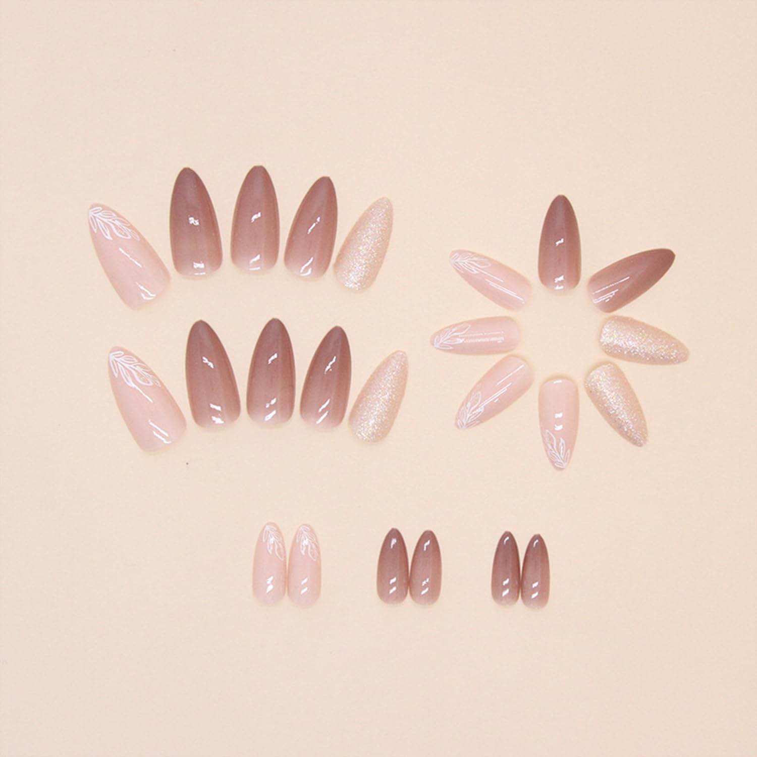 Tyuimhx 24Pcs Medium Almond Press on Nails Nude Fake Nail With Leaf Designs Glitter False Nails Glossy Full Cover Stick on Nails Acrylic Reusable Artificial Glue on Nail for Women - Image 3