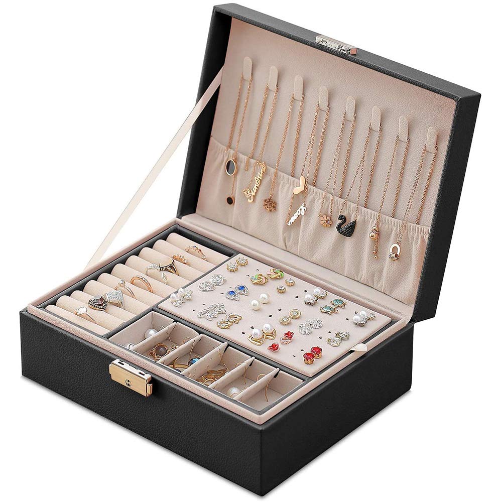 Mtianxy Jewellery Box, Women Double-Layer Pu Leather Women Mother's Day Birthday Gift Jewelry Storage Case for Rings Earrings Bracelets Necklaces Jewellery Organiser