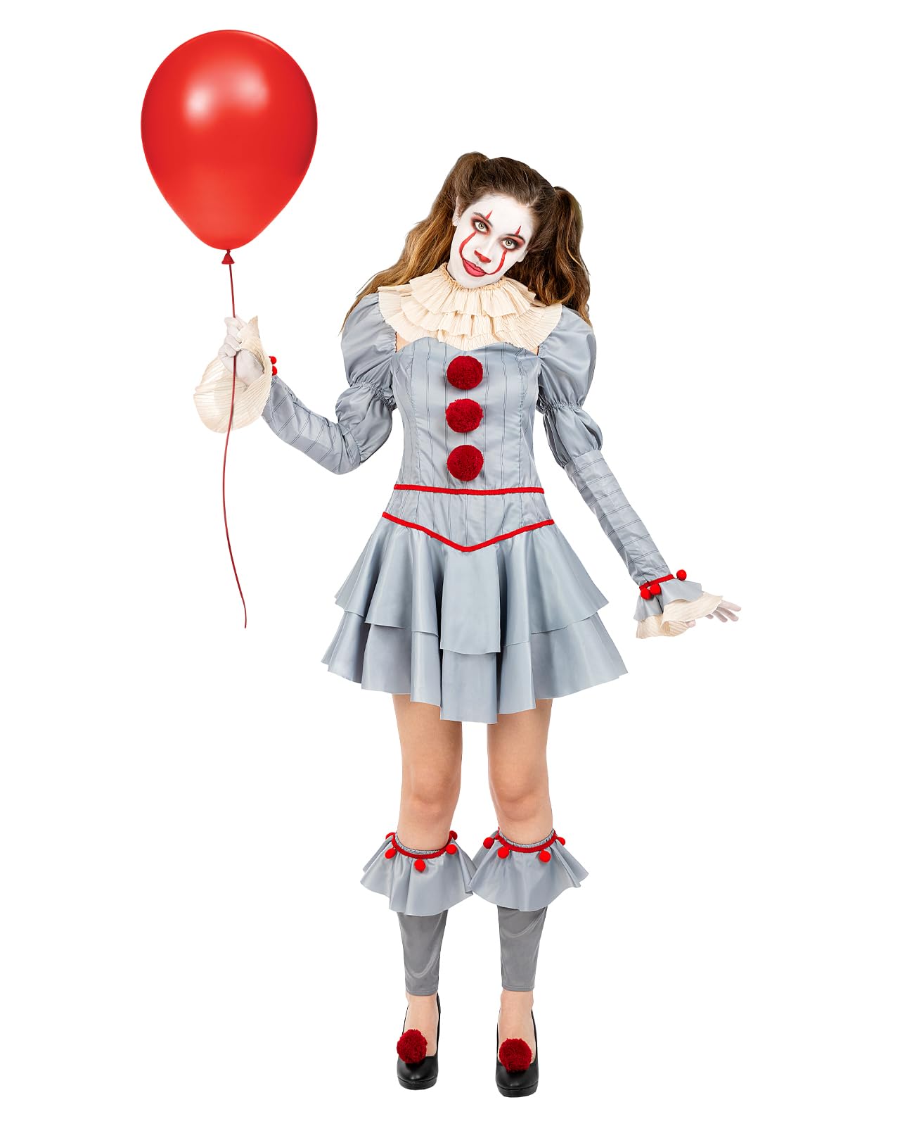 Funidelia Official Pennywise Costume - IT Chapter Two for Women, Includes Dress, Collar, Leg Warmers and Two Pompoms, Size XS - Costume for Adults for Parties, Carnival and Halloween Grey/Silver