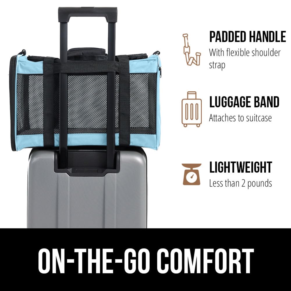 GORILLA GRIP Airline Travel Cat Carrier Bag Up to 15 Lbs, Breathable Mesh Collapsible Pet Carriers for Small, Medium Cats, Small Dogs, Puppies, Portable Kennel with Soft Washable, Light Blue