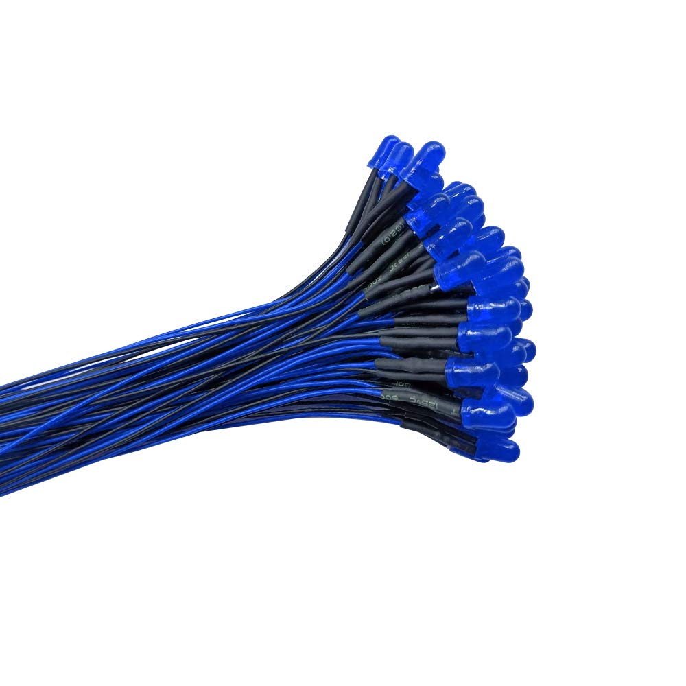 YIXISI 50 PCS 5mm LED Diodes Light with Diffused Colored Lens, Ultra Bright 12V 20cm Pre Wired, Blue