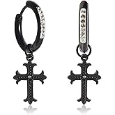 slewtbbm Stainless Steel Gothic Punk Dangle Cross 5A+ Cubic Zirconia Hypoallergenic Cross Hoop Cuff Huggie Drop Earrings For Men Women