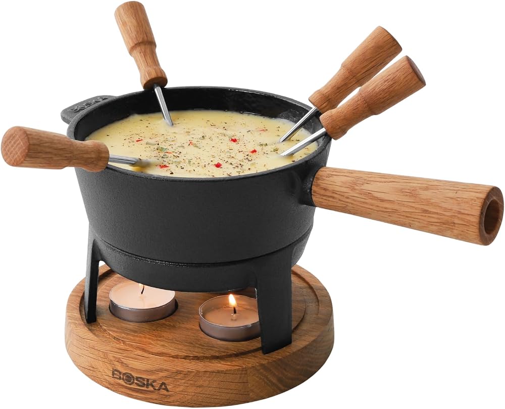 Boska Fondue Set Pro S 700 ml Cheese Tea Light Forks Cast Iron Oak Base