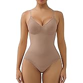 SHAPERX Women's Seamless Shapewear Tummy Control Bodysuit with Removable Pads Mid Thigh Body Shaper