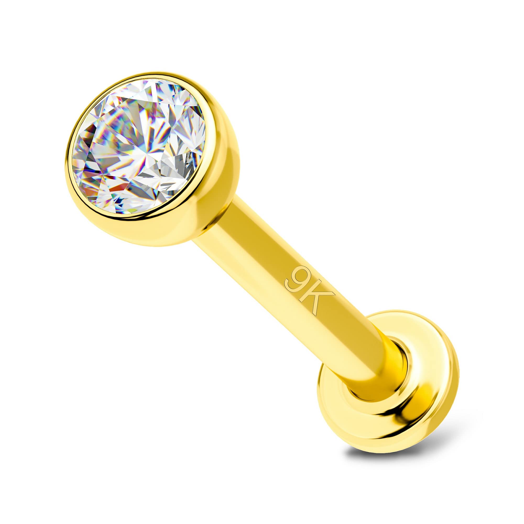 OUFER 9ct Real Solid Gold Helix Stud Earring 8mm Lip Bar Piercings Labret Studs CZ 16G Monroe Medusa Rings Cartilage Tragus Conch Jewellery Women