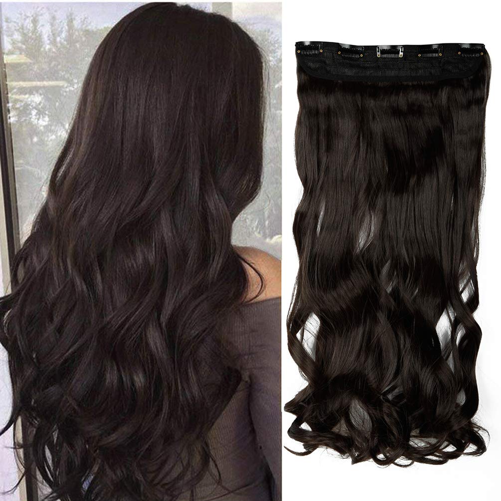 3/4 Full Head Clips in on Synthetic Hair Extensions Hairpieces with 5 Clips Half Head Ombre Long Curly Wave 24 Inches Dark Brown