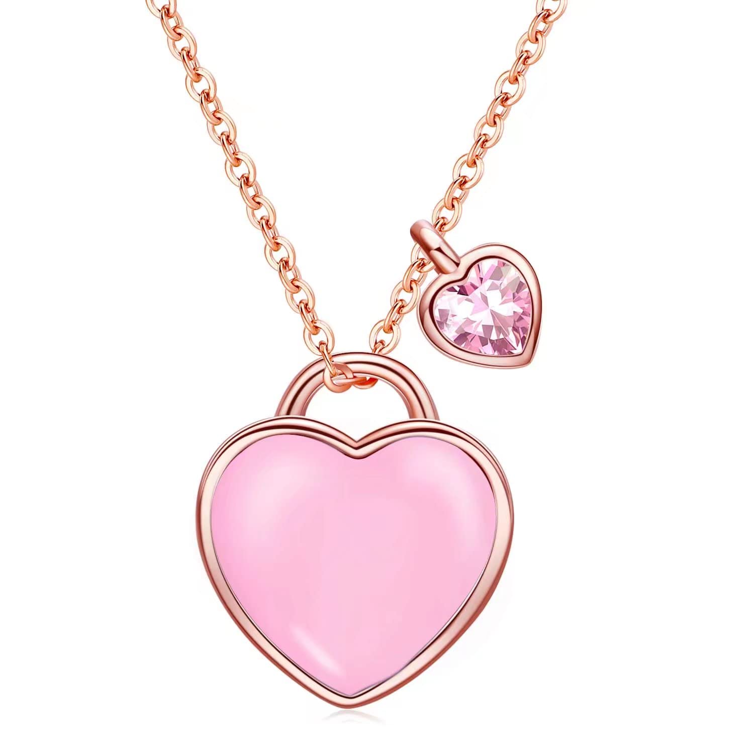 Qings October Birthstone Opal Necklace - Rose Gold Sterling Silver Double Heart Pendant Tourmaline Cobblestone Pink Heart-shaped CZ Dainty Love You Forever Adjustable Birthdays Gifts for Daughter