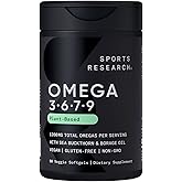 Sports Research® Vegan Omega 3-6-7-9 - 1200 mg of Multi-Spectrum Omega Fatty Acids Certified Non-GMO Formula with Sea Buckthorn & Borage Oil - 90 Veggie Softgels