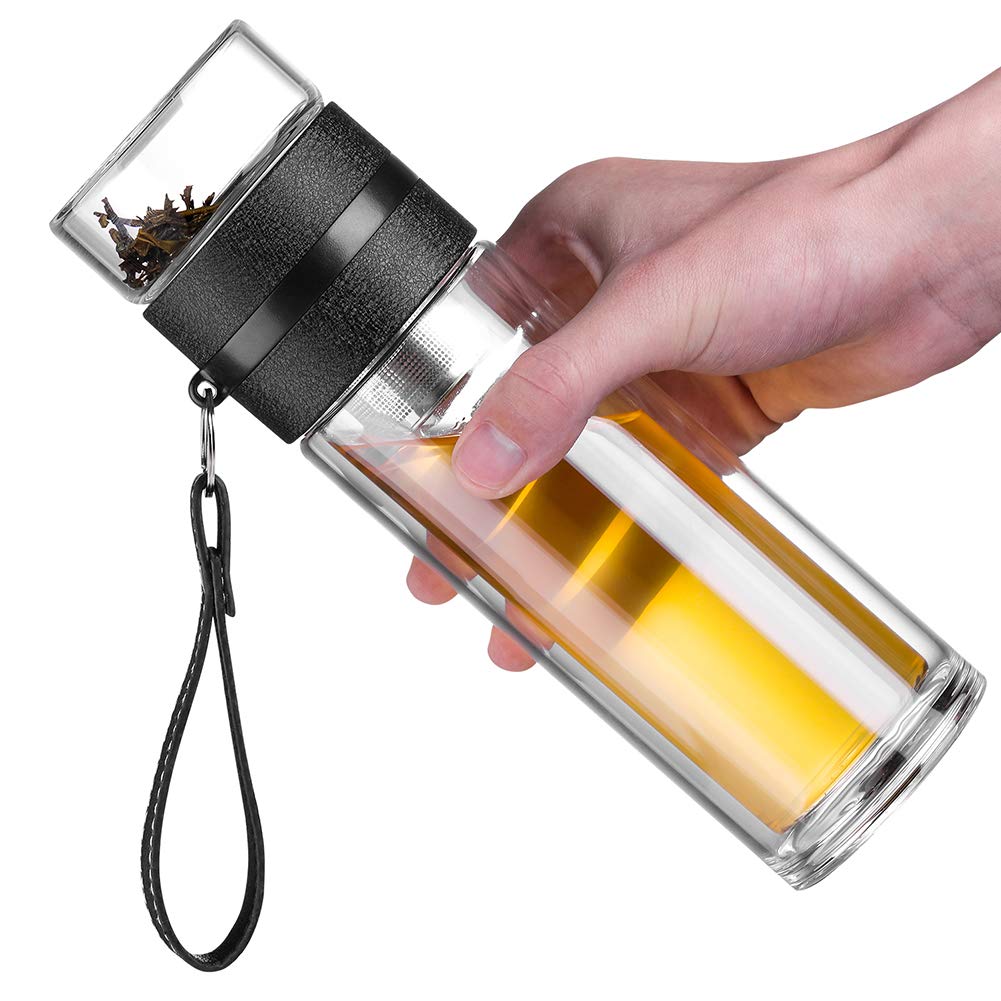 Anroll 13oz Double Wall Glass Water Bottle with Tea Infuser - Separates Tea Leaves - Black