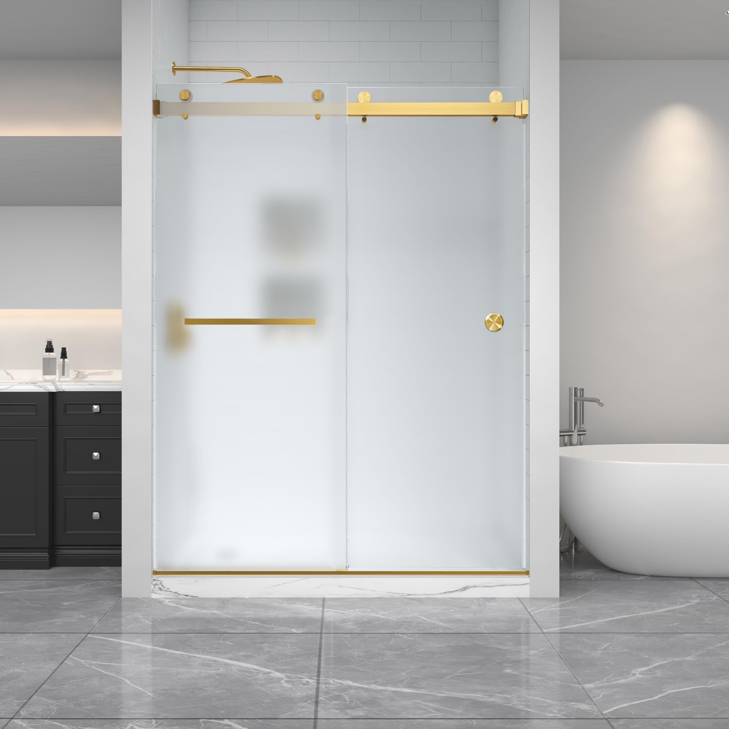 View 1 of ***TRUCK/TRAILER PICKUP ONLY*** 56-60" W x 76" H Frameless Sliding Shower Door Bypass Double Sliding Door with 3/8" (10mm) SGCC Frosted Ultra-Clear Tempered Glass with in Brushed Gold Shower Door