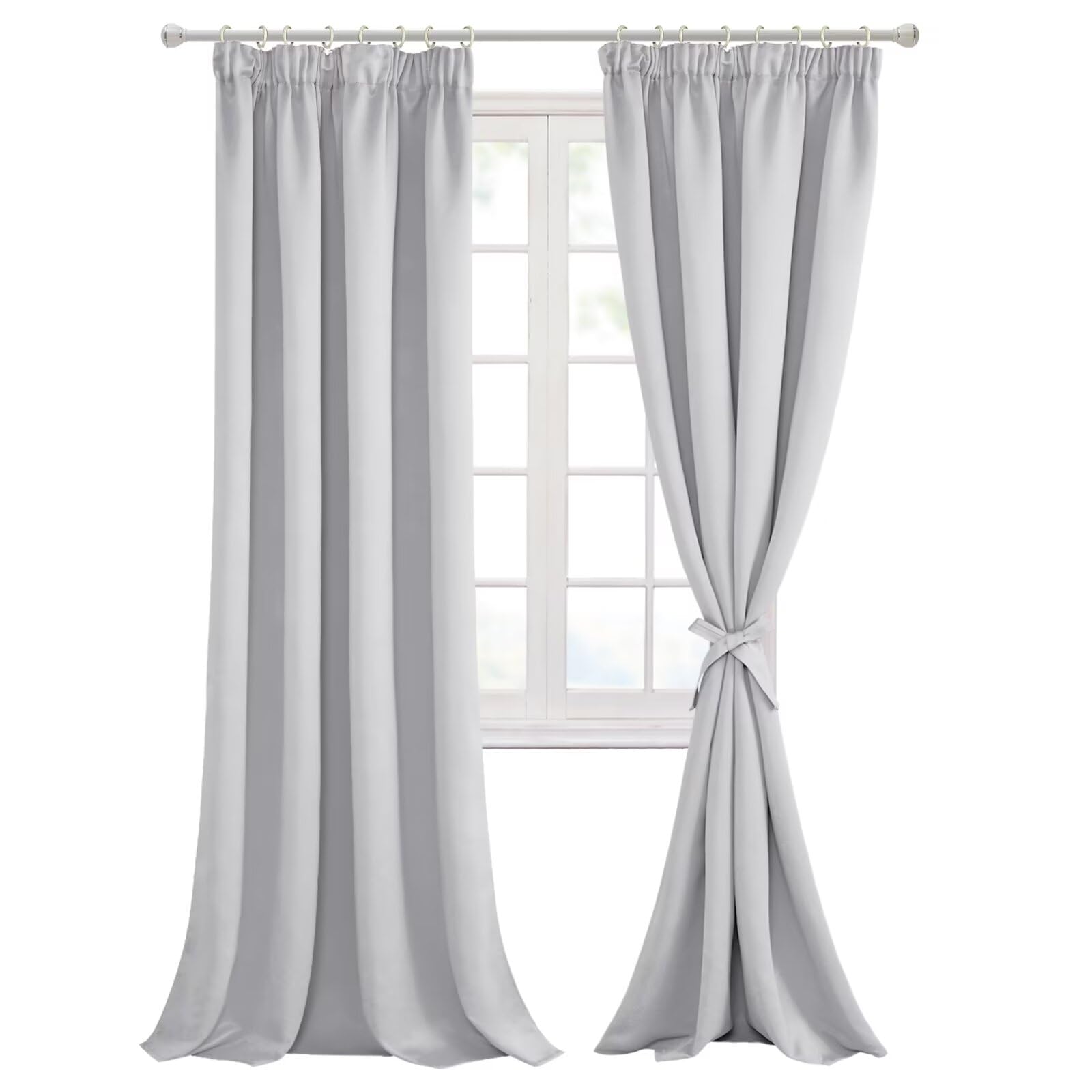 Hiasan Pencil Pleat Blackout Thermal Insulated Curtains, Bedroom and Living Room with Tiebacks, Energy Saving and Noise Reducing, 2 Panels, 66 x 90 Inch, Silver Grey