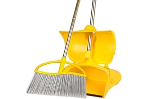 Long Handle Heavy Duty Broom and Dustpan Set, Outdoor and Commercial Upright Dustpan and Brush for Restaurant Garage Garden Y