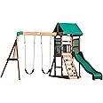 Backyard Discovery Buckley Hill Wooden Swing Set, Made for Small Yards and Younger Children, Two Belt Swings, Covered Mesh Fort with Canopy, Rock Climber Wall, 6 ft Slide Green