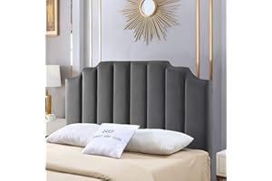 24KF Dark Gray Velvet Tufted Queen Upholstered Headboard, Modern Vertical Channel Design California Queen/Full Headboard with Stepped Silhouette Top Edge,Dark Gray