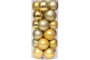Roadoor 24Pcs Christmas Balls Assorted Pack, Thickened Shatterproof Sphere Electroplated Xmas Tree Hanging Ball Pendants Golden Xmas Balls