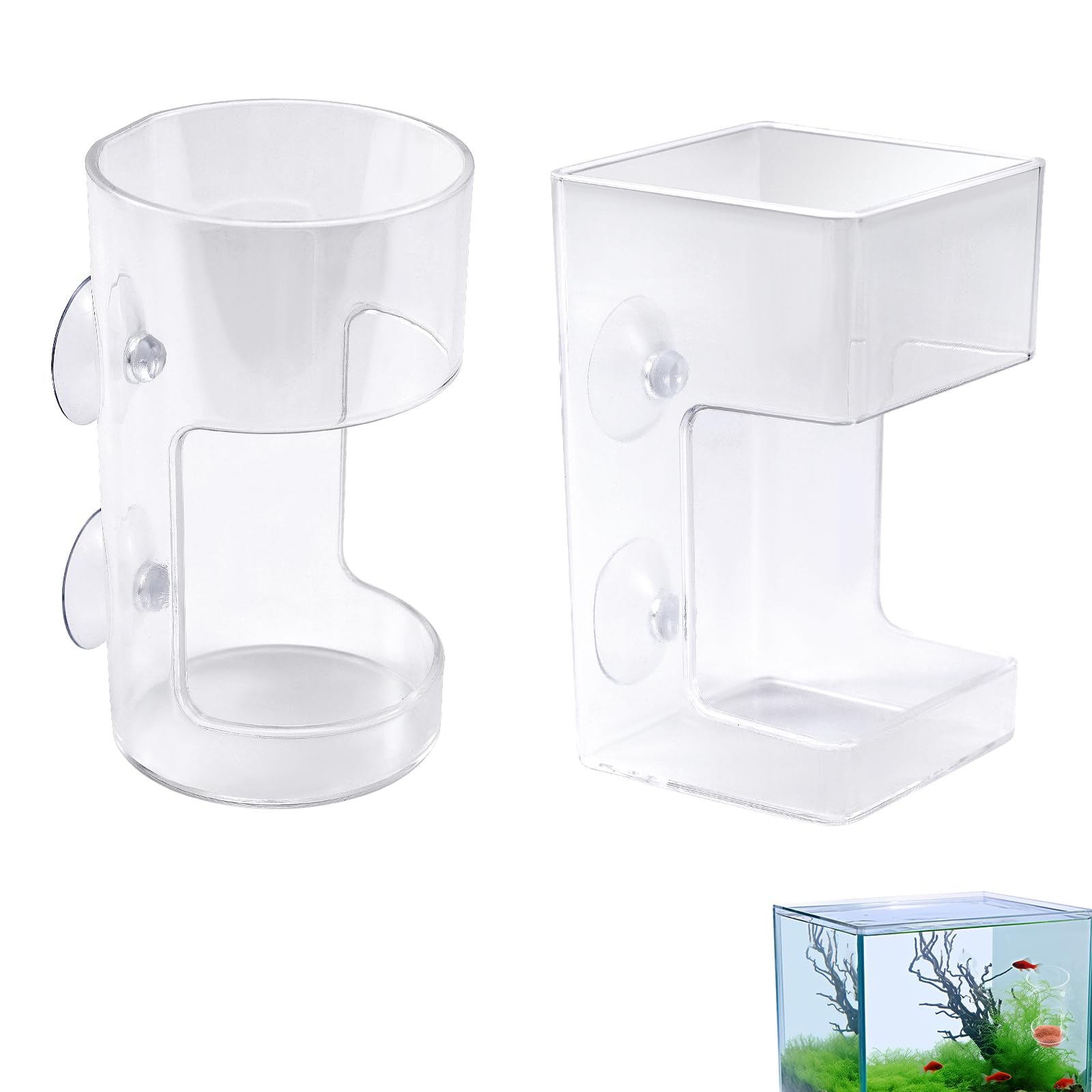 Photo 1 of 2pcs Fish Tank Feeding Trays, Plastic Transparent Round & Square Feeder Box with 4 Suction Cups Practical Accessories Supplies for Fish Tank Aquarium