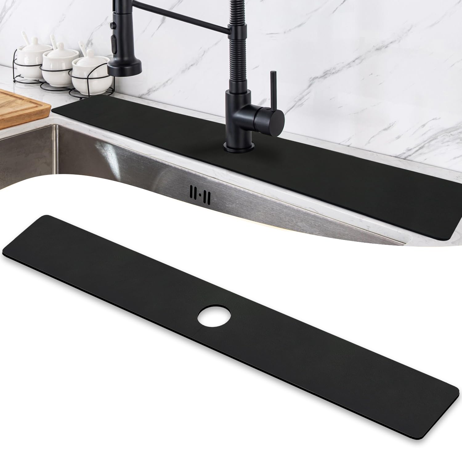 Photo 1 of LOPNUR Faucet Mat for Kitchen Sink Protectors, 29 Inch Extra Long Kitchen Sink Splash Guard Behind Faucet, Cuttable Bathroom Water Splash Guard with Super Absorbent Diatomite Fast Drying, Black