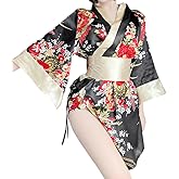 SENJIY sexy kimono lingerie for women outfit short robe dress cosplay costume Perspective open front Cute Deep V-Neck Floral Pattern japanese Yukata Anime Roleplay Sleepwear Pajamas Obi set black