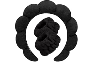 TETIZO Spa Headbands for Washing Face Wristband Set Sponge Makeup Skincare Headband Wrist Towels Bubble Soft Terry Towel Cloth Hairband for Women Puffy Headwear Non Slip Thick Thin Hair Headwear (Black)
