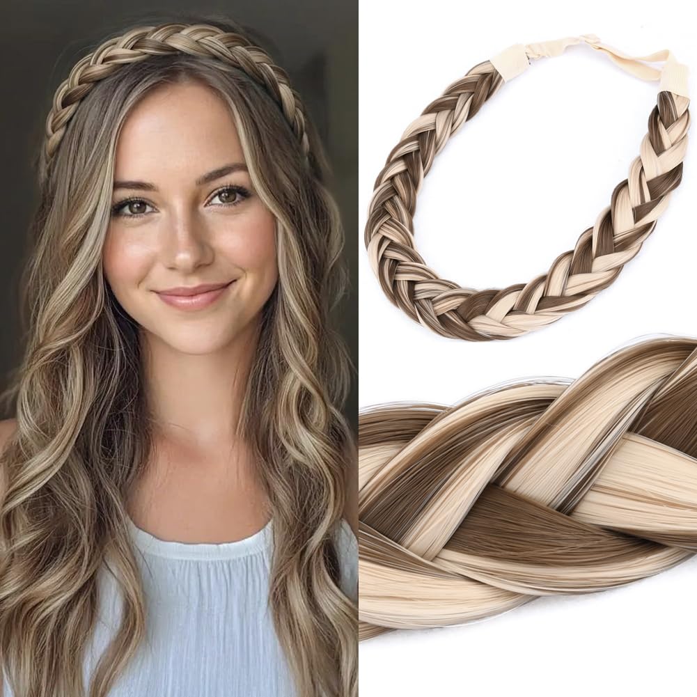 Gledola 2 Strands Fishtail Plaited Braids Headband Braided Synthetic Hair Elastic Stretch, Hair Accessory for Bride, Women, Teens, Girls, Wedding (Highlighted)